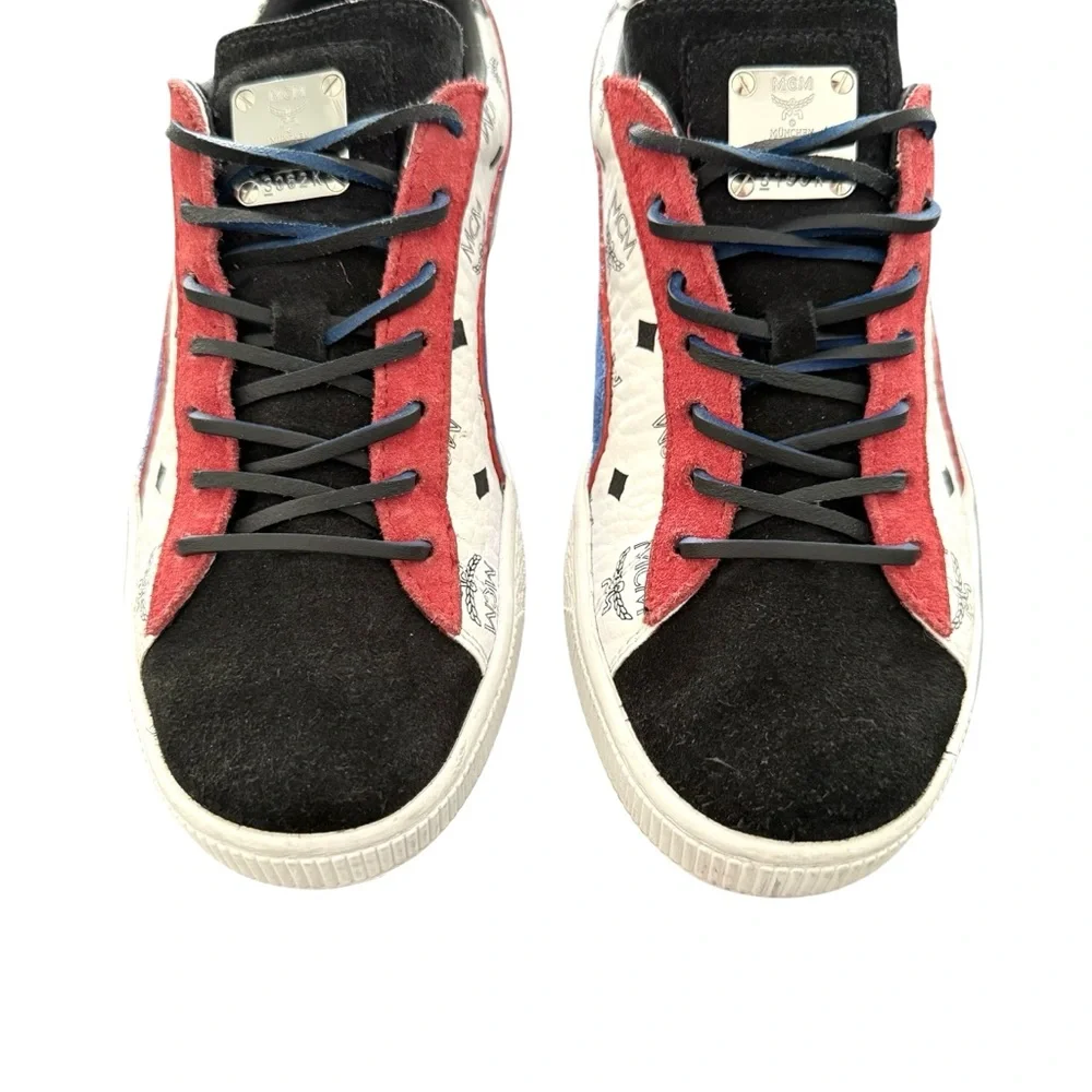 MCM Black Red Blue Logo-Print Leather Sneakers